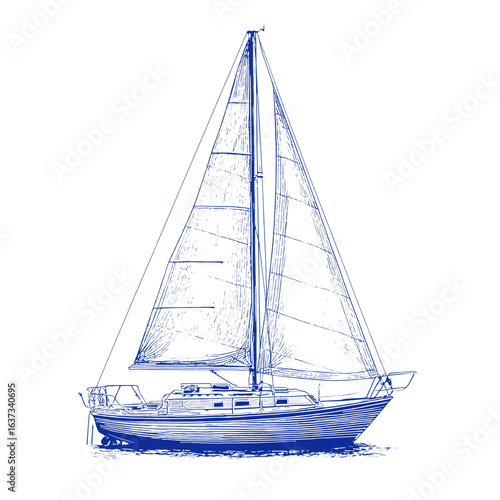 Nautical Blue Elegant Sailing Yacht Illustration