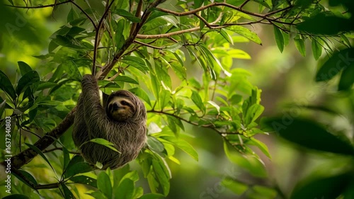 A three-toed sloth hangs lazily from a tree branch in lush tropical rainforest, surrounded by vibrant green leaves, showcasing wildlife in its natural habitat.