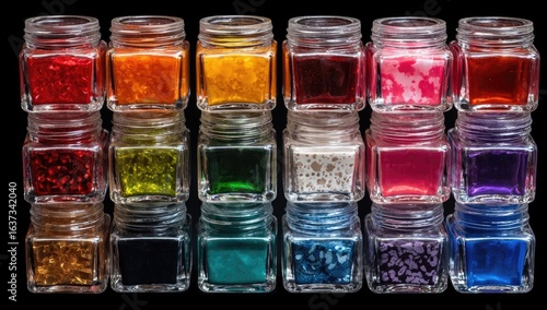 Small, clear, square jars stacked, holding colorful powders or pigments