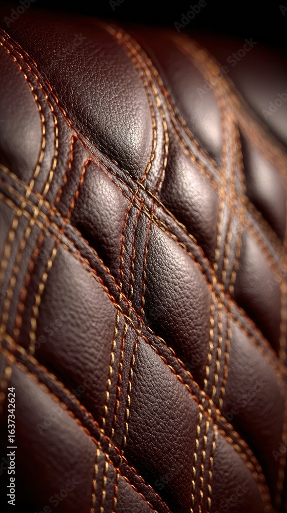 Fototapeta premium Closeup of rich brown leather upholstery with diamond quilting and stitching