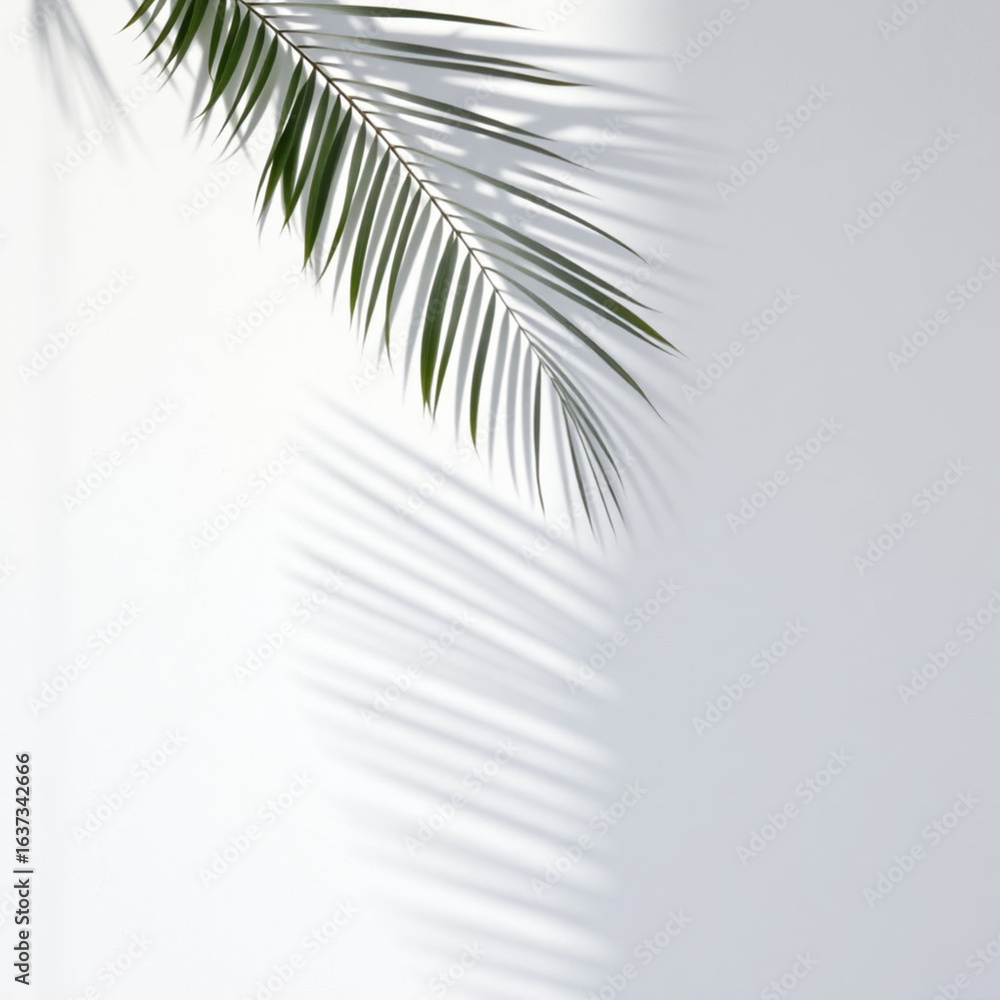 Fototapeta premium shadow palm leaf in the wind blowing overlay on white wall background wall textures