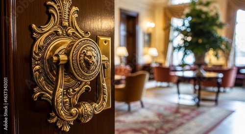 Ornate Gold Lion Door Knocker on Wooden Doorway to Elegant Room