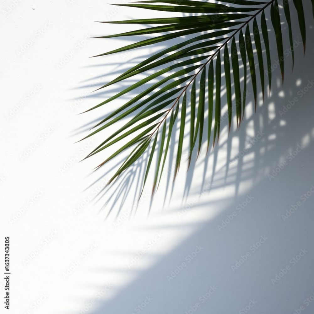 Fototapeta premium shadow palm leaf in the wind blowing overlay on white wall background wall textures