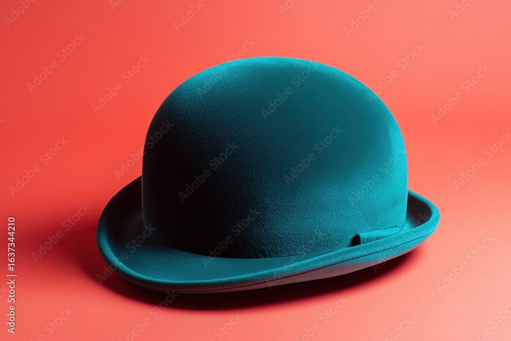 Fototapeta premium Teal bowler hat on a coral background.