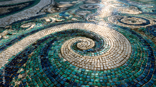 Circular mosaic with spiraling geometric design in blue green and white tiles shimmering under bright light © Daniel