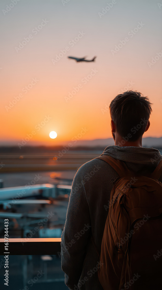 Fototapeta premium People looking at the view with airplane in the sky at the terminal in the airport.