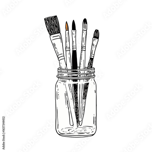 Artist's Paintbrushes in Mason Jar Hand-Drawn