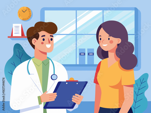 Friendly doctor consults with smiling patient in a bright modern medical office