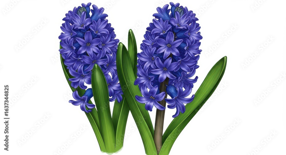 Fototapeta premium Two Hyacinth Flowers with Purple Petals and Green Leaves Isolated on White Background for Botanical Illustrations and Springtime Imagery