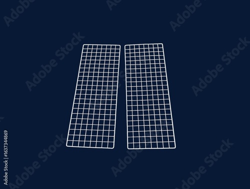 The dark blue background in the picture is a cream-white metal grid with a square grid shape of equal sizes, different lengths and widths used for placing things, drying things, and used in household.