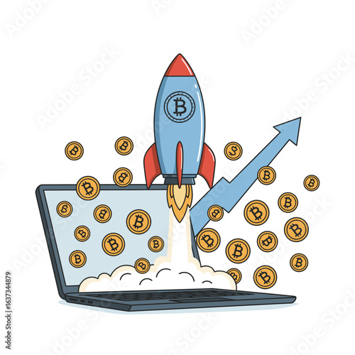 A vibrant illustration depicts a cryptocurrency rocket launching from a laptop, symbolizing rapid Bitcoin growth and digital financial success.