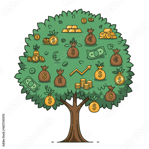 A whimsical illustration portrays a lush money tree, signifying the concept of growing wealth, lucrative investments, and economic prosperity.