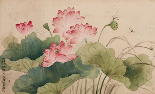 Chinese style painting of lotus pond