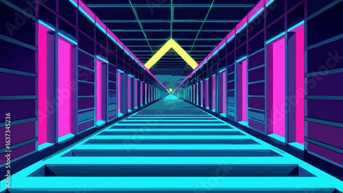 Retro futuristic neon corridor with glowing doors and a distant yellow archway