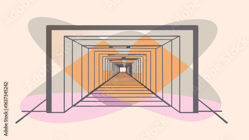 Abstract geometric tunnel with warm orange and cool grey tones receding into a bright light