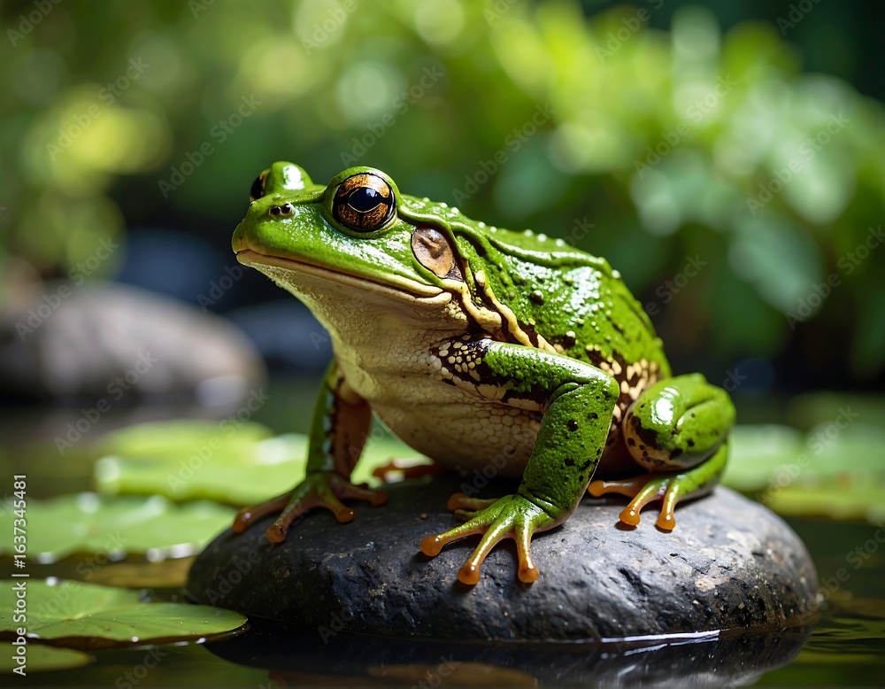 Fototapeta premium Green frog on a stone in a pond
