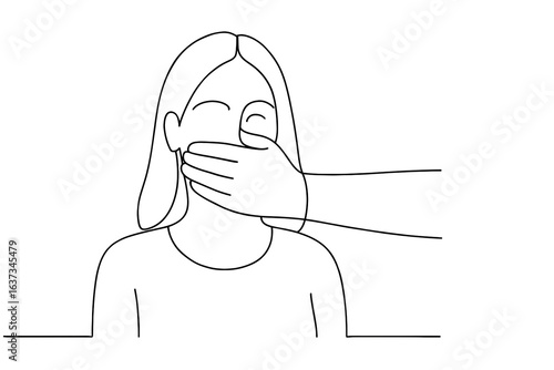 Woman with hand covering her mouth in minimal line art symbolizing harassment silence victim intimidation, gender based violence awareness illustration for abuse prevention support concept on white ba