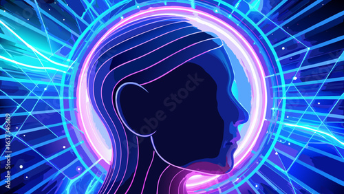 Cybernetic silhouette of a woman s head encased in a neon digital energy field