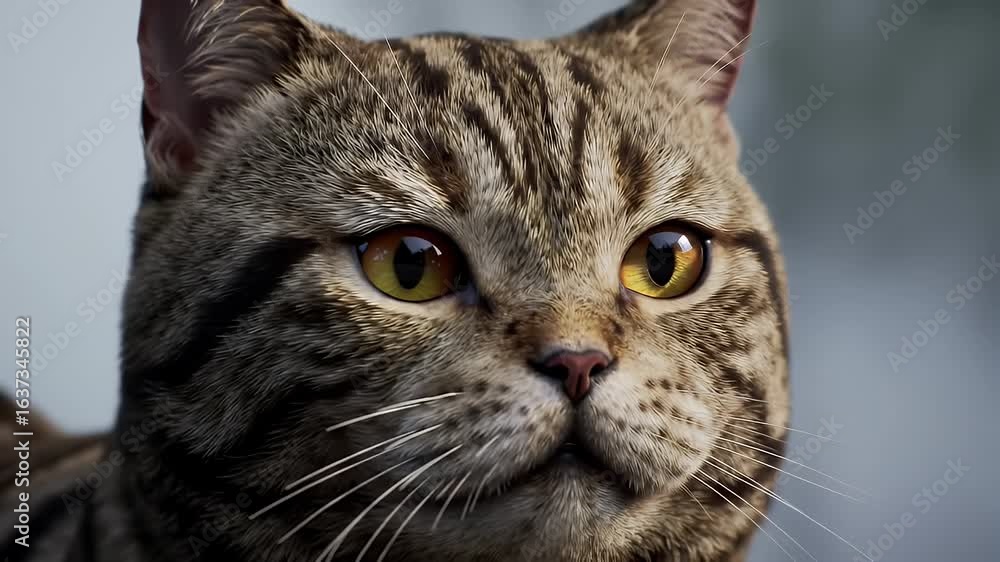 Close Up of British Shorthair Cat Felis catus with Tabby Markings and Golden Eyes Detailed Facial Features of a Domestic Animal Pet Calm and Serene Portrait Furry and Adorable Kitty with Striped Close Up of British Shorthair Cat Felis catus with Tabby Markings and Golden Eyes Detailed Facial Features of a Domestic Animal Pet Calm and Serene Portrait Furry and Adorable Kitty with Striped