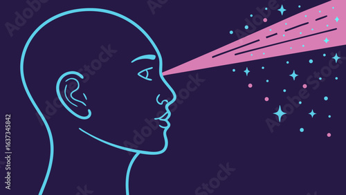 Abstract depiction of a human head in profile with a beam of light emanating from the eye towards a starry cosmos