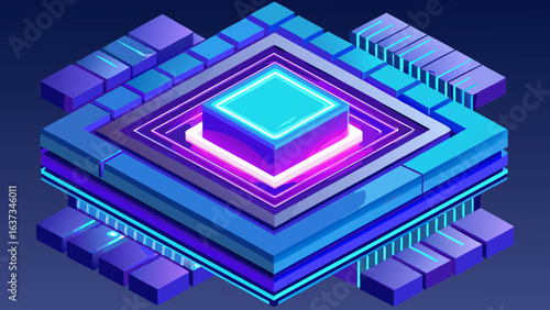 Futuristic isometric digital network hub with glowing blue and purple geometric structures