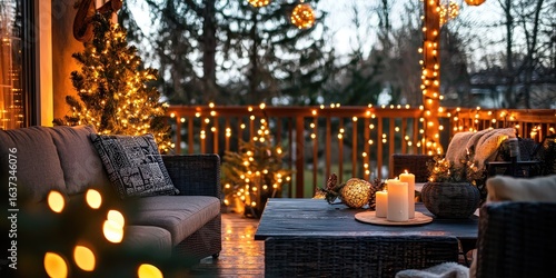 Outdoor patio decorated with Christmas lights and winter dÃ©cor Stock photo