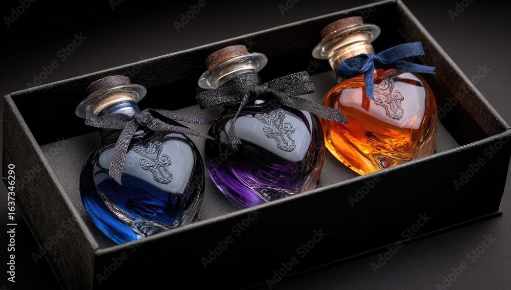Fototapeta premium Three heart-shaped bottles of liqueur in a black box