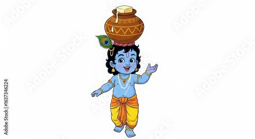 Adorable cartoon depiction of baby krishna carrying a pot of butter on his head