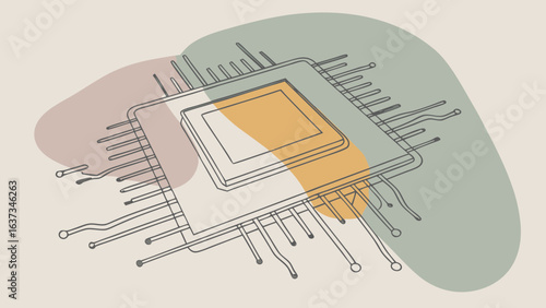 Minimalist line art illustration of a computer processor chip with abstract pastel color blobs in the background