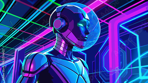 Futuristic android with glowing eyes and headphones stands amidst a vibrant neon lit digital cityscape