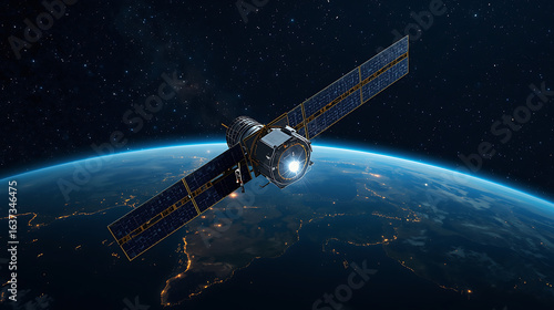 Wallpaper Mural A realistic space scene depicts a communication satellite orbiting Earth, illuminated by solar panels, with city lights and a backdrop of bright stars. Torontodigital.ca