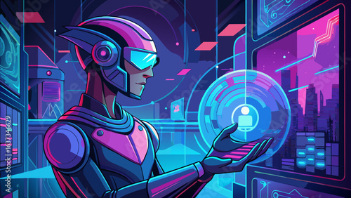 Futuristic cyberpunk navigator interacting with holographic data interface in a neon lit digital environment