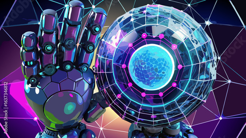 Futuristic robot hand interacts with a glowing digital sphere representing global data and connectivity