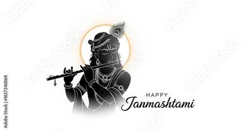 Lord krishna playing his flute with a halo and janmashtami text on white background