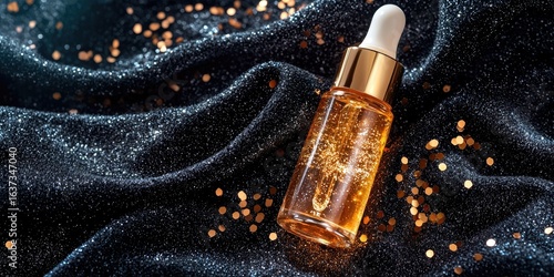Sparkling golden tones around Collistar serum on dark velvet cloth Stock photo