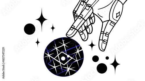 Futuristic robot hand interacting with a sparkling celestial orb amidst cosmic elements