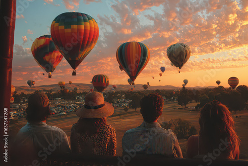People are watching the beautiful view of balloons in the sky.