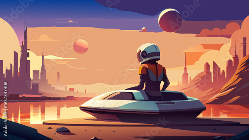 Astronaut gazes at alien cityscape and twin moons from a futuristic hovercraft at sunset