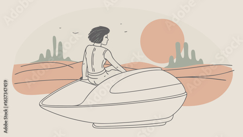 Serene desert landscape with a person riding a futuristic vehicle under a large orange sun