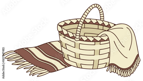 Illustration of picnic basket with blanket for outdoor dining and summer fun, picnic time, camping, 100 characters