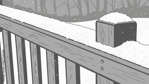 Winter snow scene on wooden deck railing illustration vector graphic design element for christmas holiday season