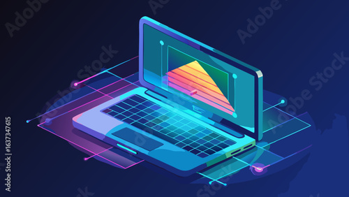 Futuristic isometric laptop displaying a vibrant data visualization with neon network connections