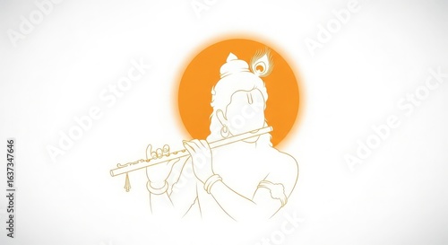 Stylized illustration of lord krishna playing his flute against a vibrant orange oval background