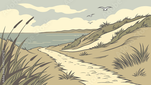 Scenic coastal path landscape illustration with dunes sea and birds for nature lovers and travel enthusiasts