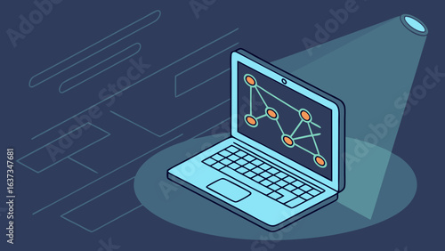 Modern laptop displays complex network connections under spotlight in abstract digital environment