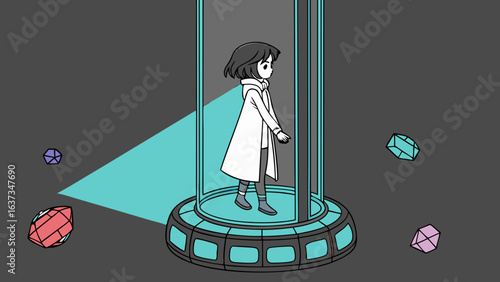 Young scientist in a futuristic pod surrounded by glowing crystals in a laboratory setting