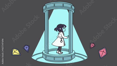 Young girl in futuristic pod surrounded by glowing gems in a sci fi laboratory setting