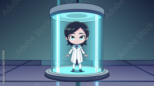 Chibi scientist in a futuristic cryo chamber with glowing blue lights and a sterile laboratory background