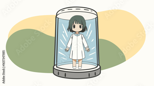 Anime girl in a futuristic cryo pod with abstract background