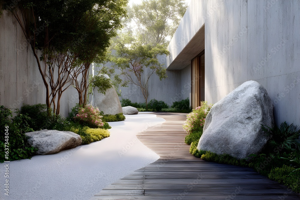 Fototapeta premium Zen pebble covered walkway with grounded minimalist design for tranquil outdoor spaces